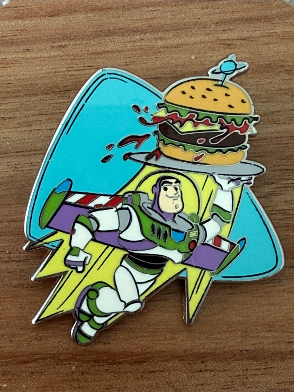 Disney Buzz Lightyear Enamel Pin - holding cheeseburger